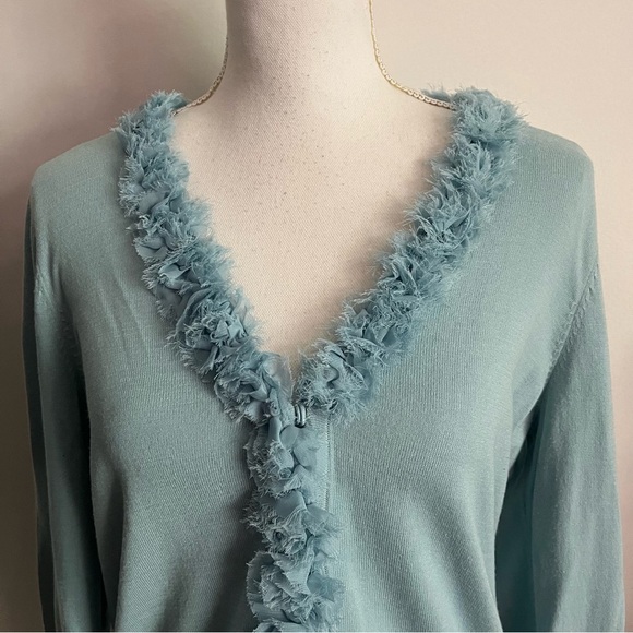 Talbots • Light Teal Blue Cardigan with Ruffle Trim - Picture 3 of 6